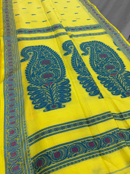 Sejuti : Bright Yellow and Teal Cotton Baluchari Saree image 2
