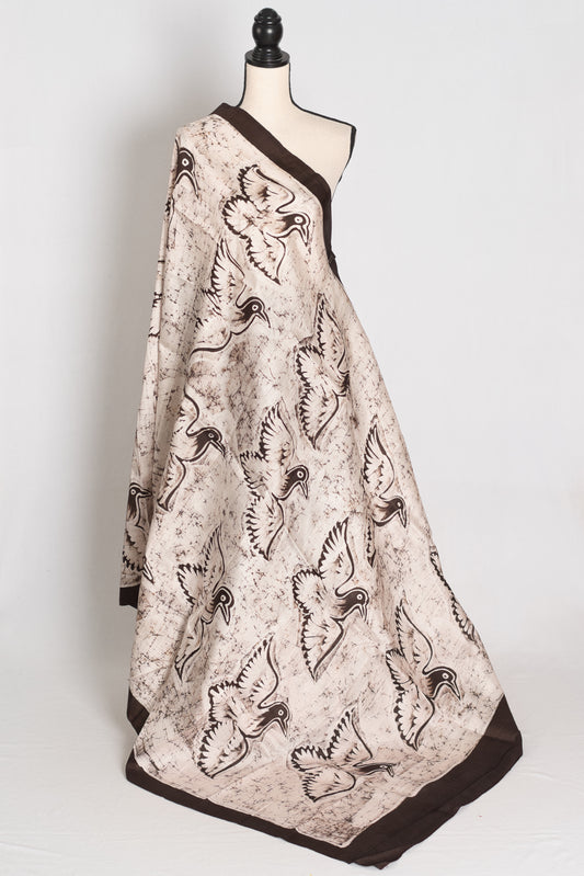 Bristi : Off-White and Coffee Brown Half and Half Hand Batik Pure Silk Saree image 1