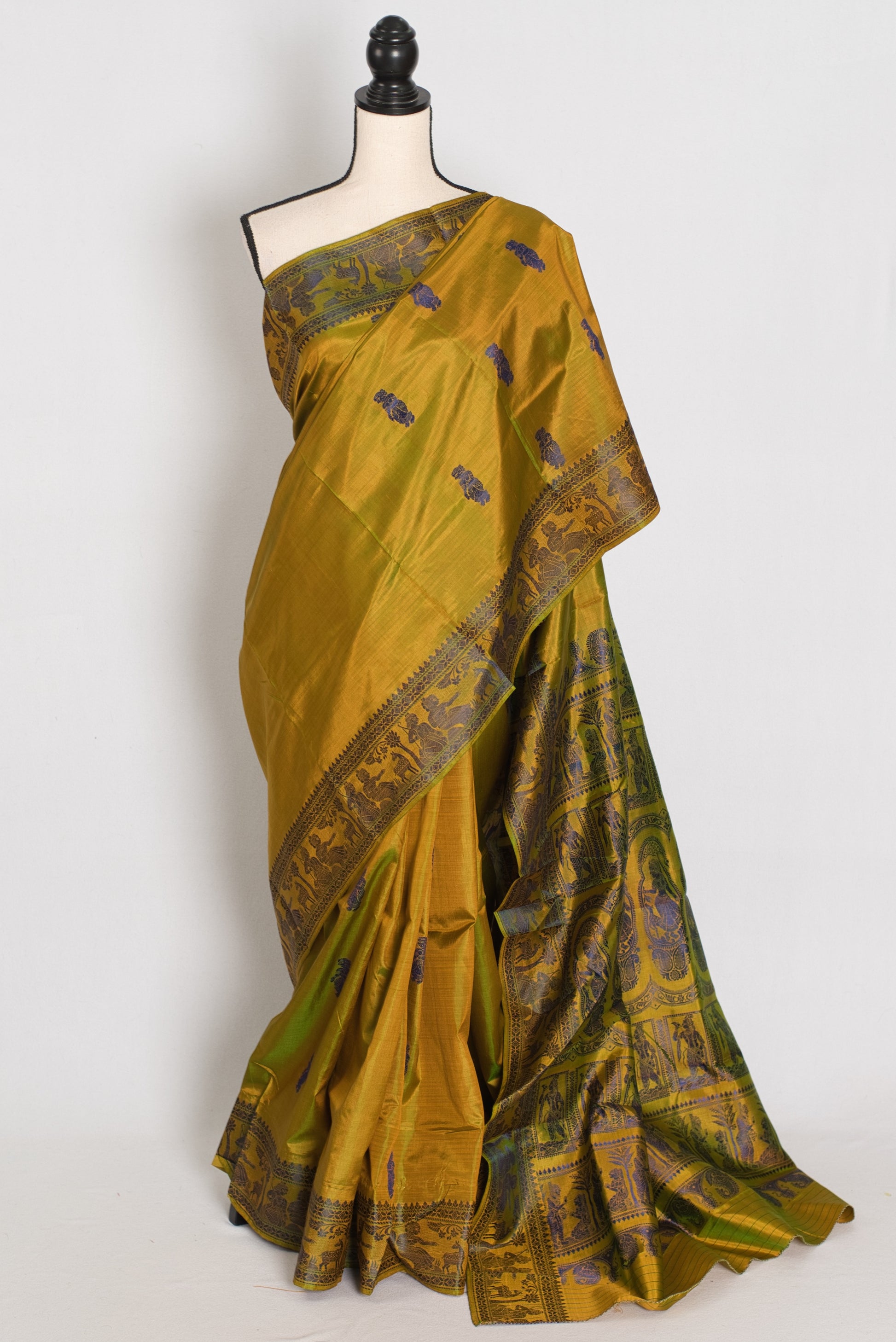 Bithi | Heena Green Handwoven Bishnupuri Baluchari Silk Saree | 38 Size Blouse image 0