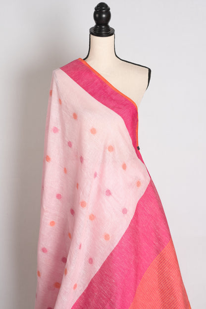 Afrin : Powder Pink Polka Dot Pure Linen Saree with Ganga Jamuna Border image 4