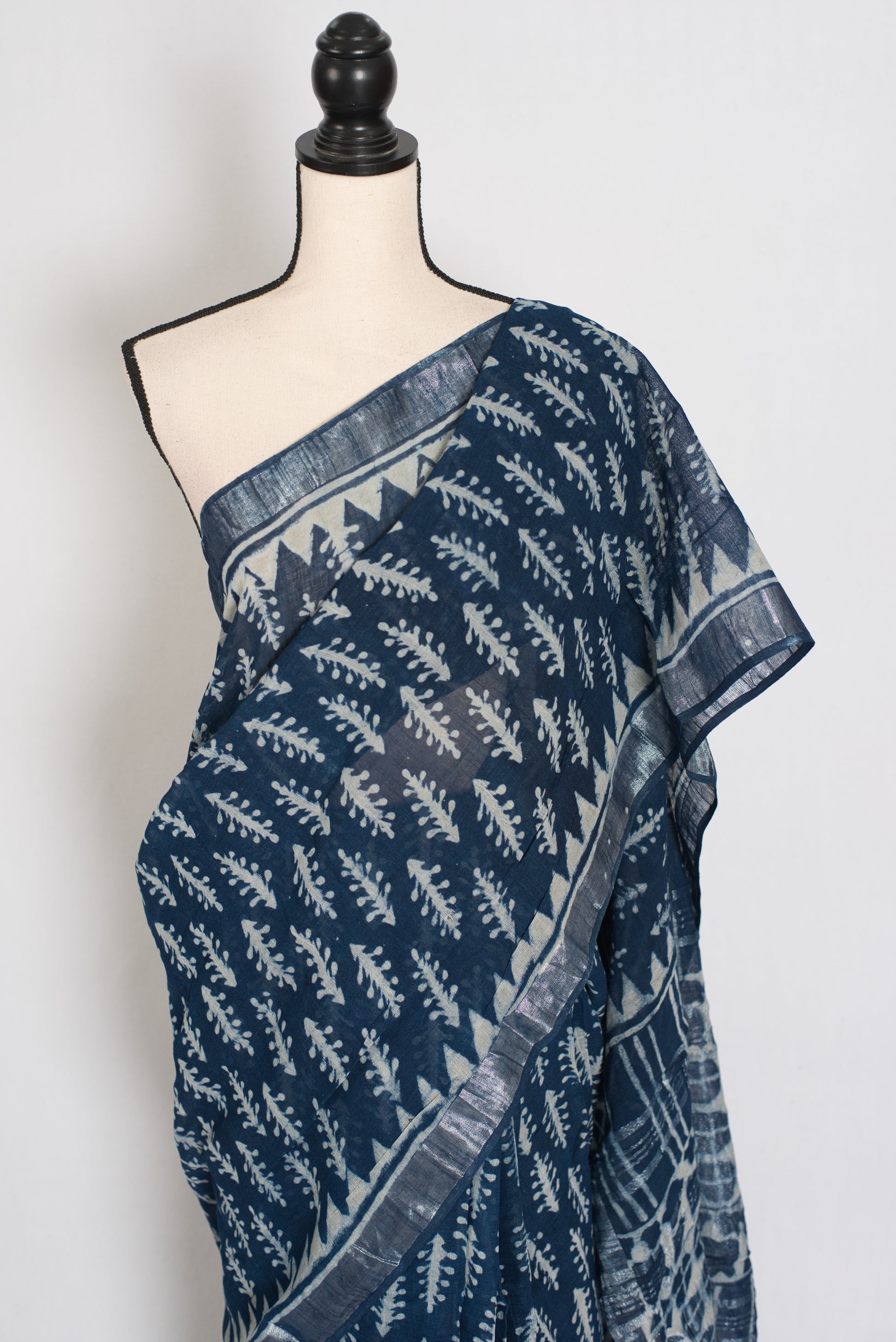 Gracy: Indigo Blue Linen Cotton Saree with Kalamkari Prints image 5