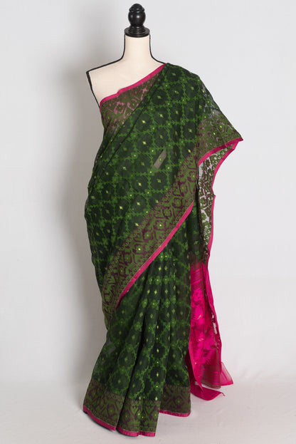 Tia : Bottle Green Soft Blended Cotton Jamdani Saree with Pink Selvage image 0