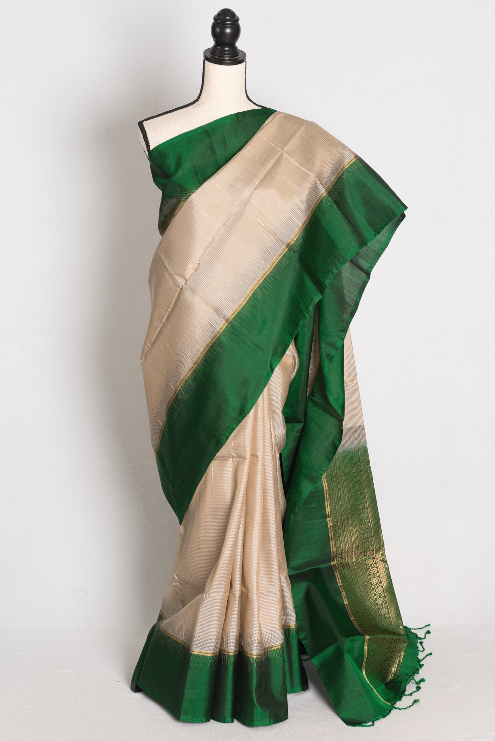 Srija : Cement Grey and Emerald Green Lightweight Kanjivaram Silk Saree image 0