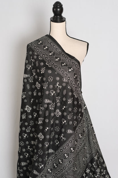 Kriti : Black Pure Silk Hand-Embroidered Kantha Stitch Saree with Warli Designi image 3