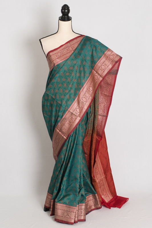 Barnali : Budget Friendly Green and Red Jamawar Banarasi Saree in Blended Silk image 0