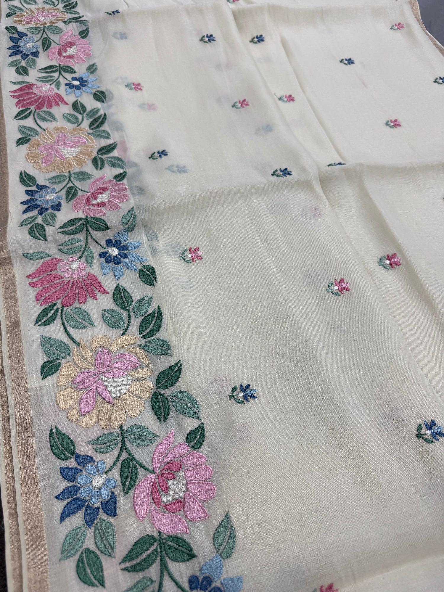 Liza | Beige Blended Cotton Saree | Vibrant Multi-Color Floral Embroidery image 0