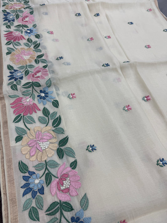 Liza | Beige Blended Cotton Saree | Vibrant Multi-Color Floral Embroidery image 0