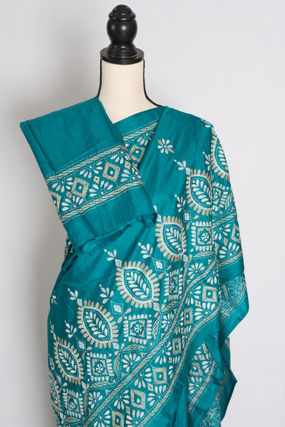Mahua : Green Pure Silk Hand-Embroidered Kantha Stitch Saree | Silk Mark image 2
