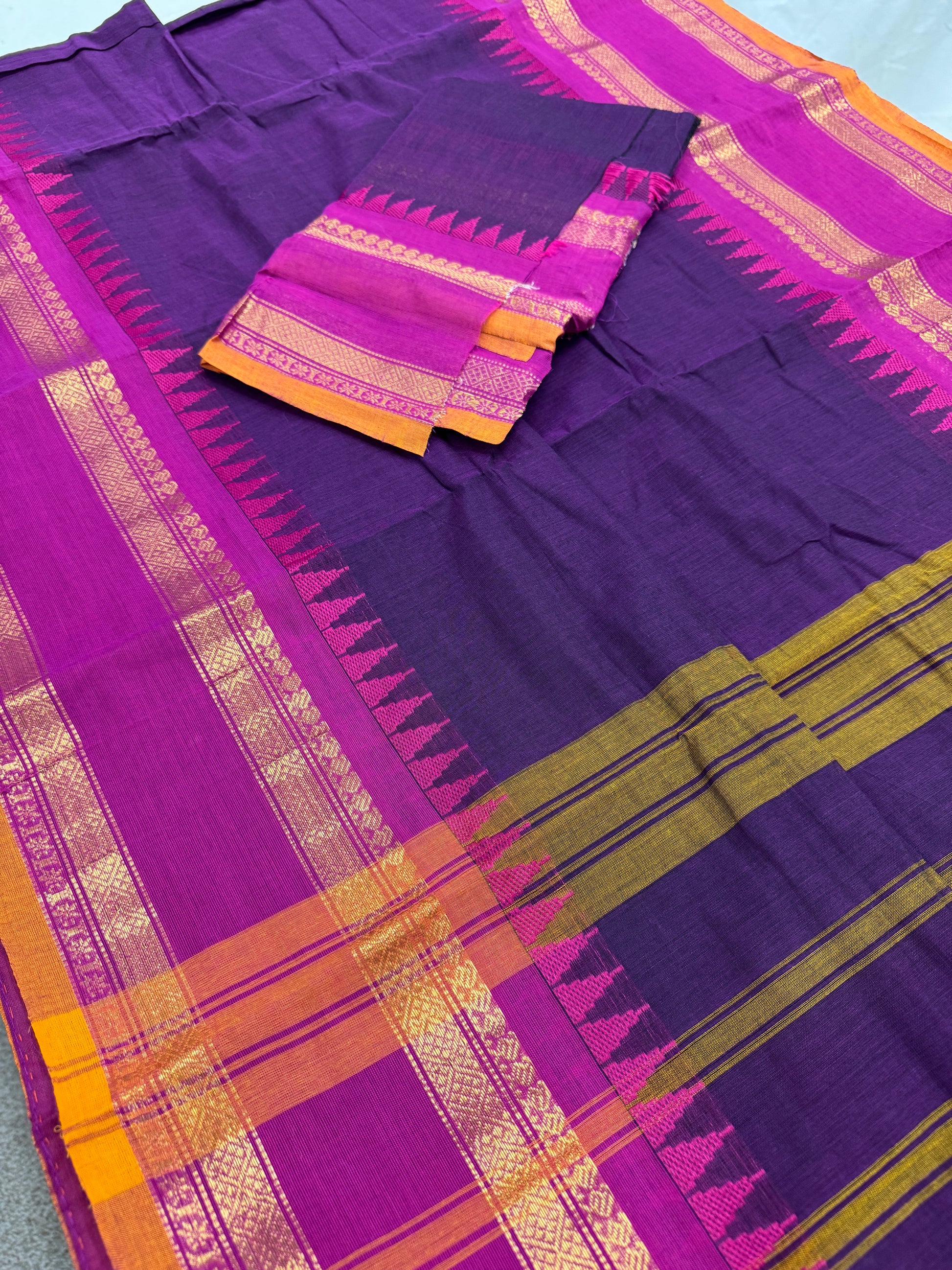Bina : Handwoven Kanchi Cotton Saree in Purple and Rani Pink image 1