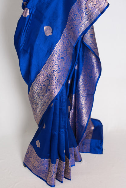 Sumaira : Royal Blue Pure Satin Silk Banarasi Saree with Silver-Gold Zari image 5