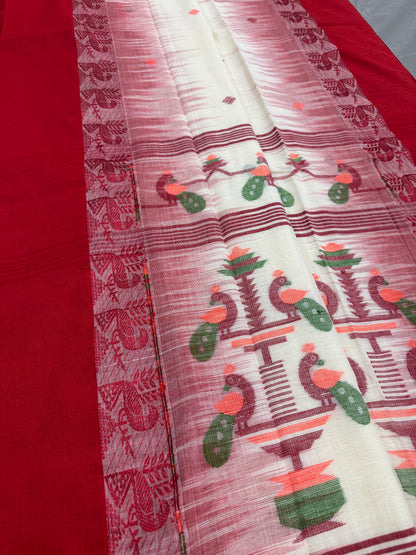 Devi : Off White and Red Soft Cotton Bengal Handloom Saree image 2