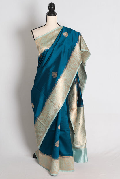 Jugagni: German Blue and Sea Green Mango Silk Banarasi Saree image 0