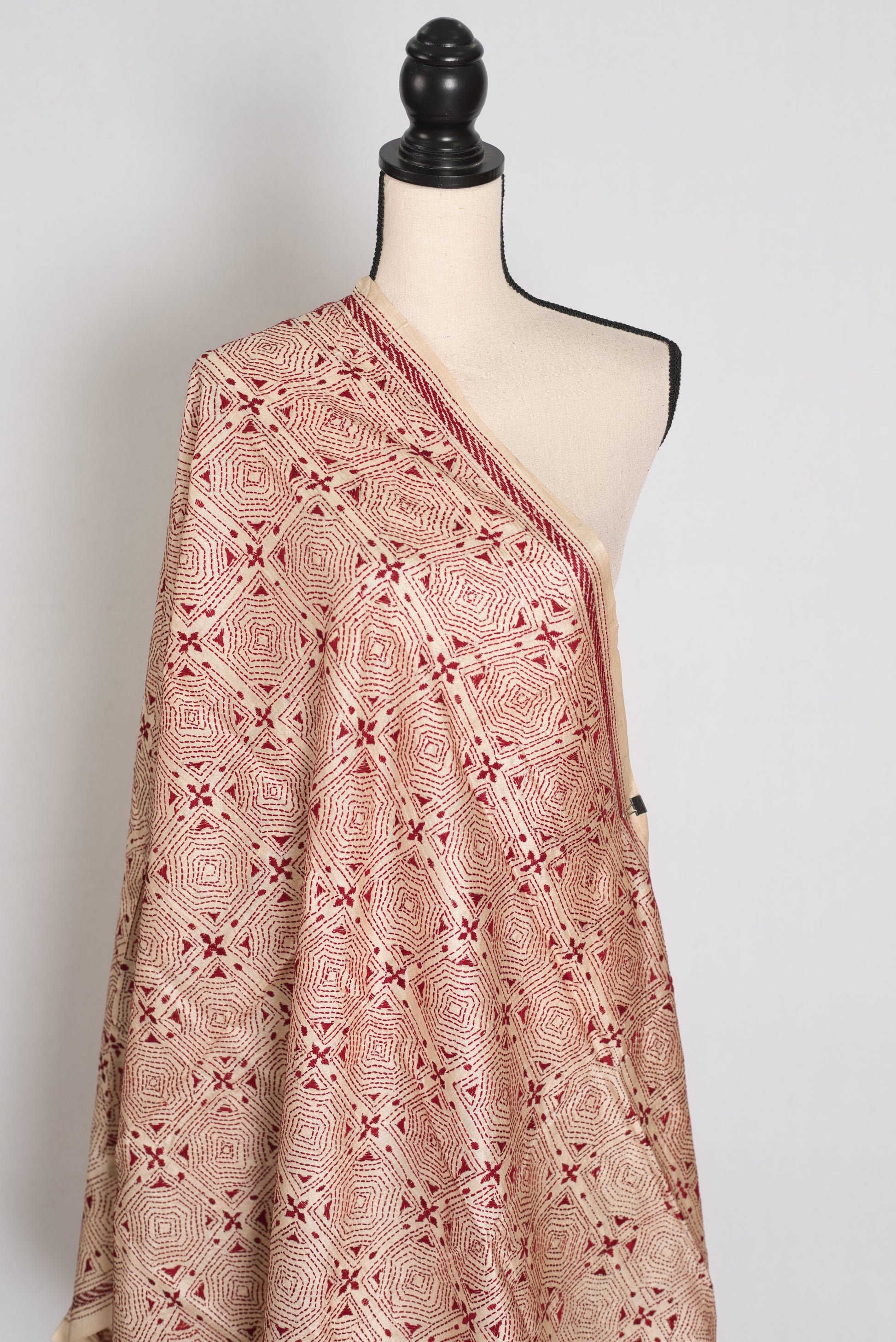 Hand Embroidered Beige & Red Gachi Tussar Silk Kantha Dupatta | Vibha image 1