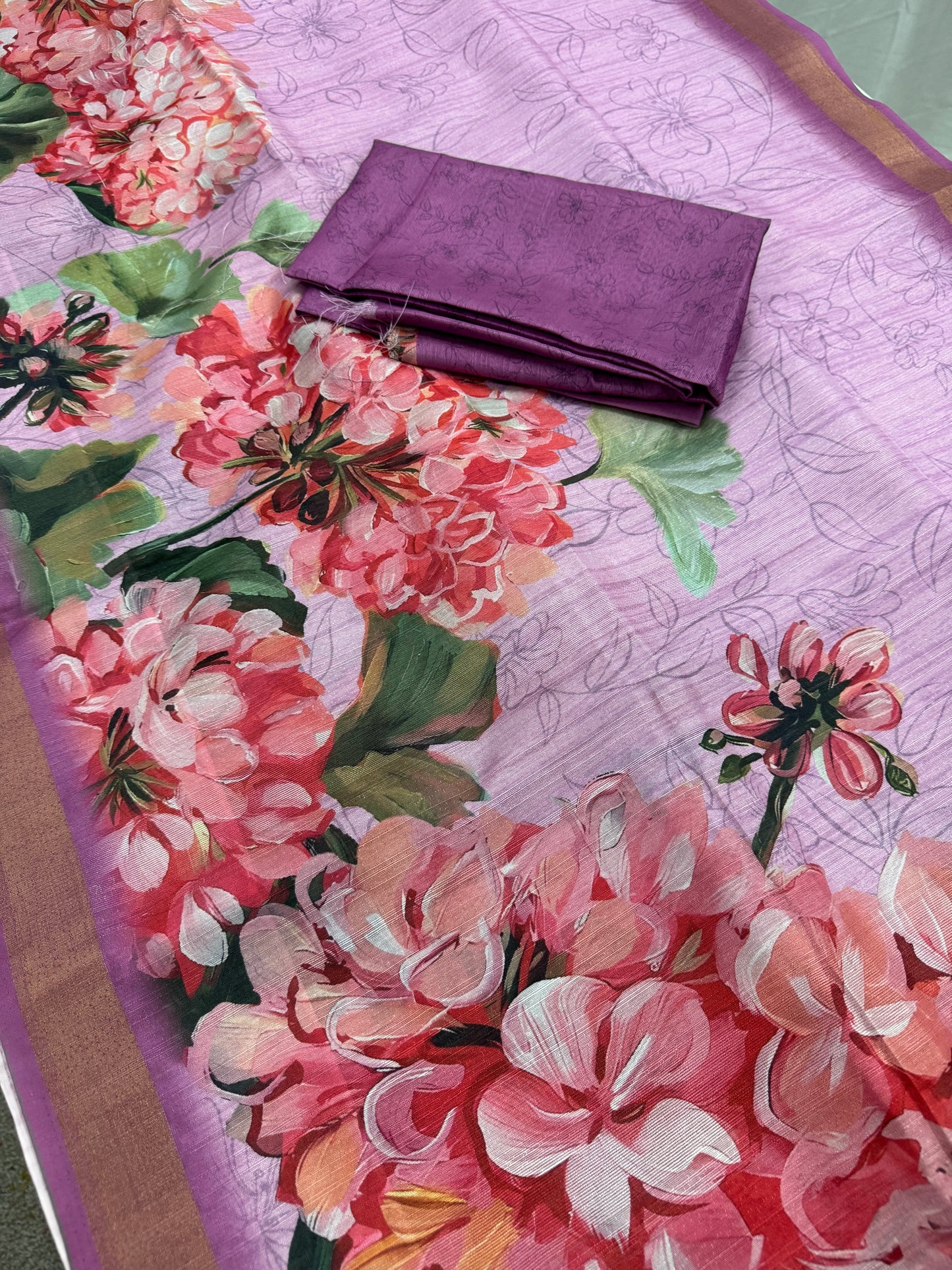 Lila | Lavender & Pink Floral Printed Semi Tussar Saree image 2