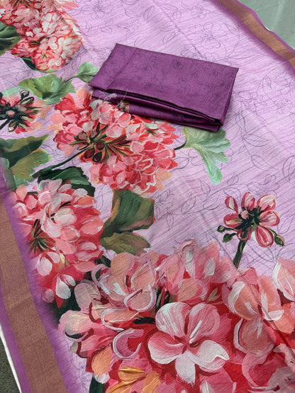 Lila | Lavender & Pink Floral Printed Semi Tussar Saree image 2