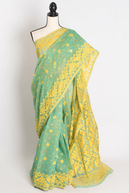 A refreshing sea green and yellow blended Jamdani saree in soft cotton, featuring traditional Bengali hand-loomed motifs and a delicate drape.