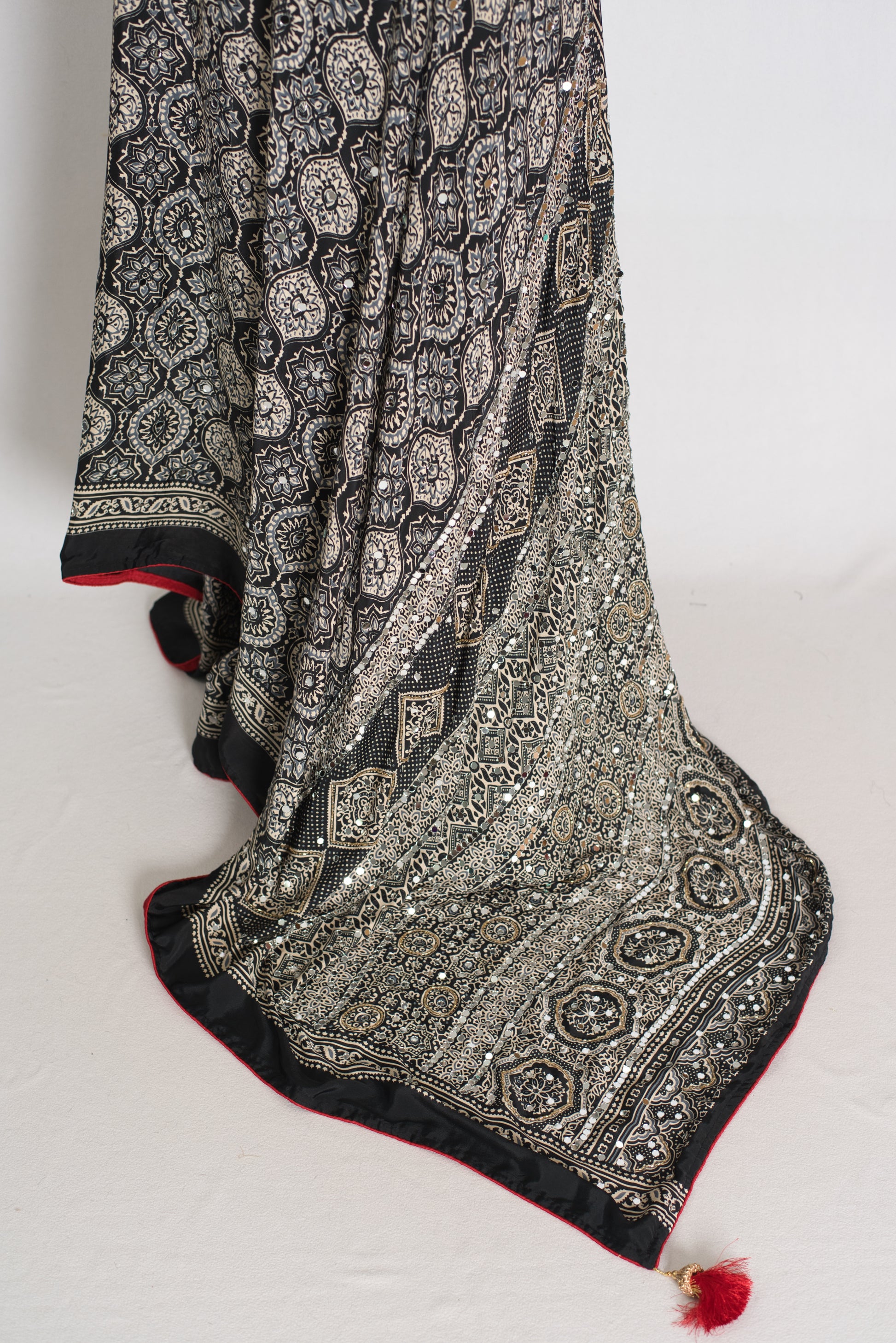 Ishq : Trending Black and Gray Semi Modal Silk Ajrakh Saree image 2