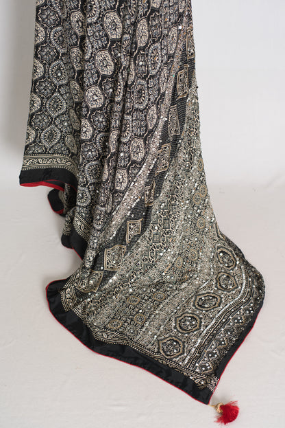 Ishq : Trending Black and Gray Semi Modal Silk Ajrakh Saree image 2