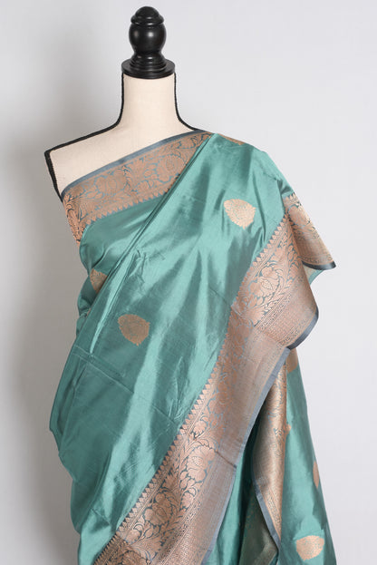 Uma: Pastel Green and Grey Banarasi Silk Saree with Blouse Piece image 6