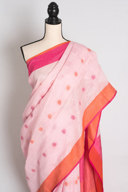 Afrin : Powder Pink Polka Dot Pure Linen Saree with Ganga Jamuna Border image 5