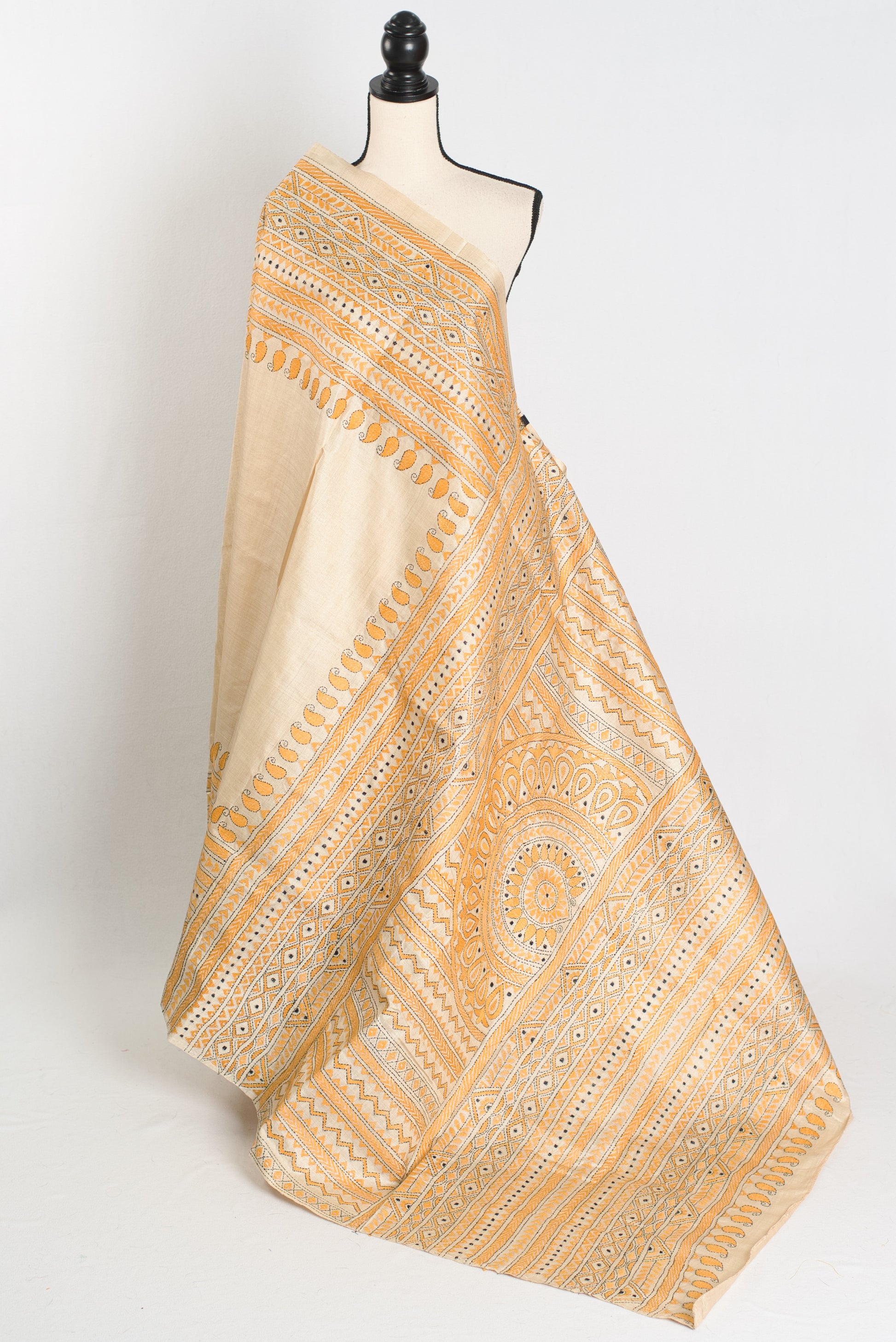Suchitra : Hand Embroidery Tussar Silk Kantha Stitch Saree in Beige and Yellow image 1