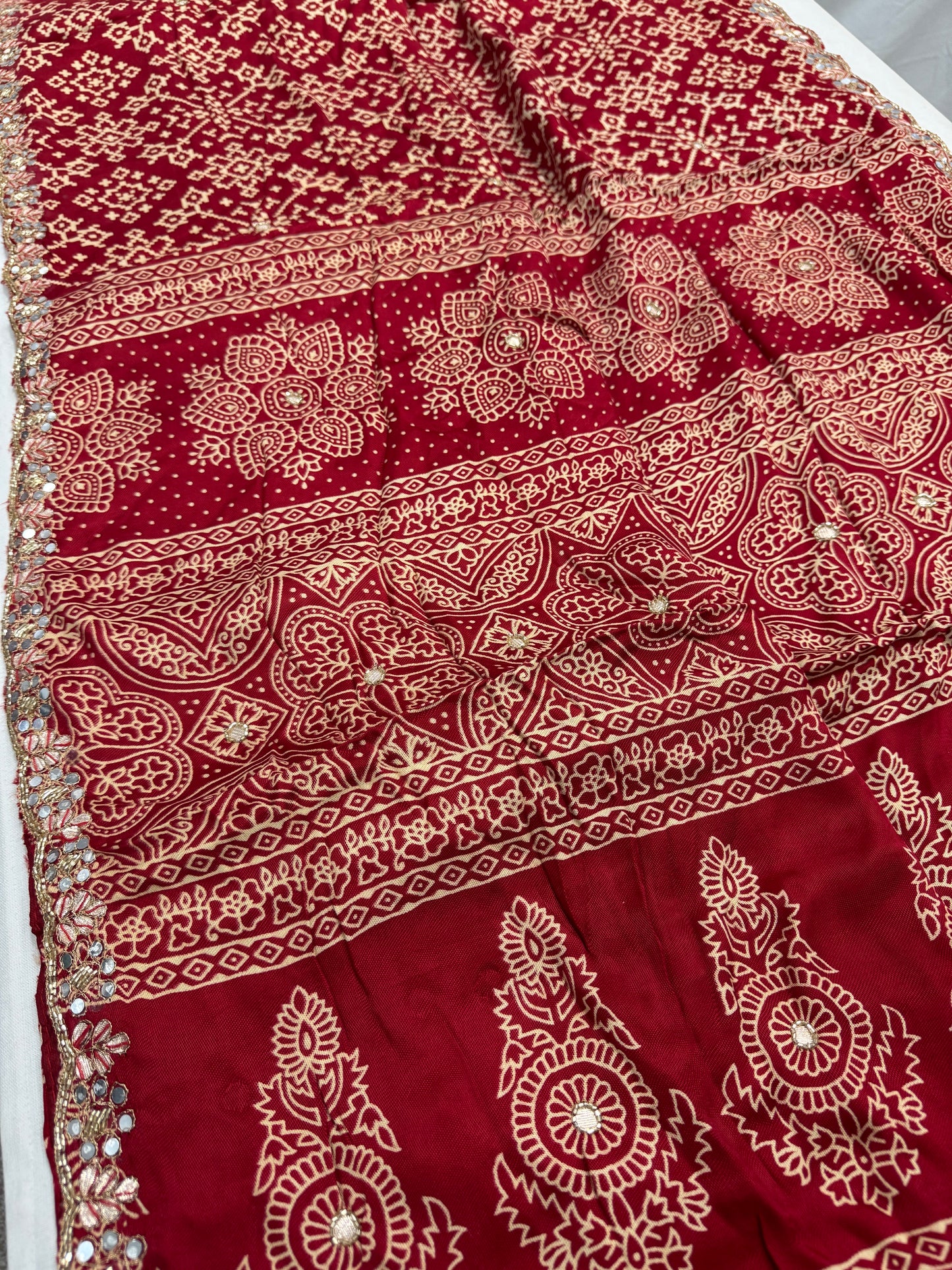 Sindhu : Sindoori Red Modal Silk Ajrakh Saree with Hand Embroidery Work image 3