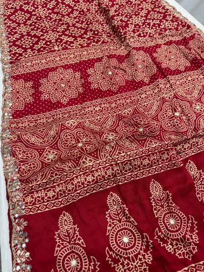 Sindhu : Sindoori Red Modal Silk Ajrakh Saree with Hand Embroidery Work image 3