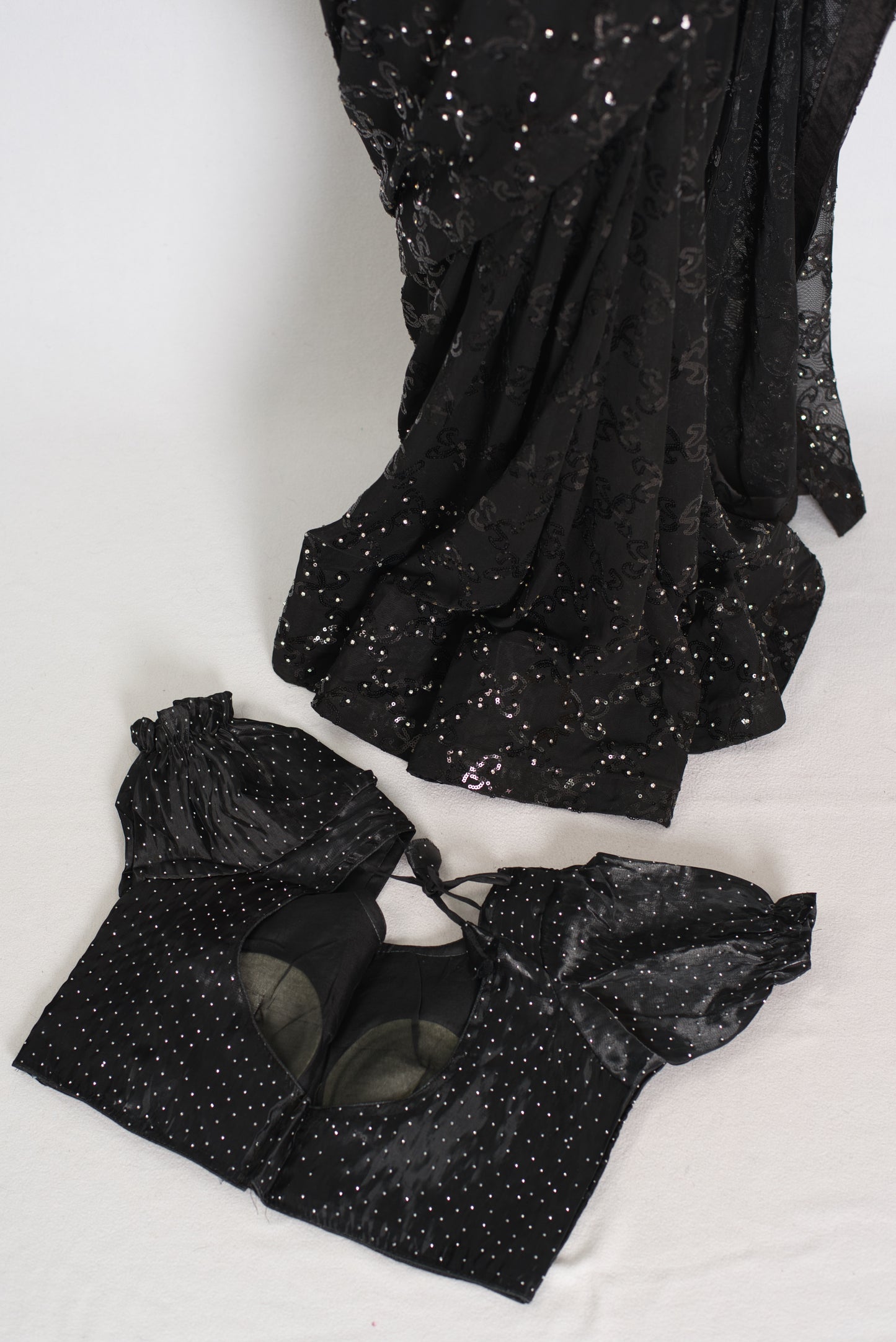 Kajaal | Black Soft Net Fitted Cocktail Saree| Sequins & Stone Embellishments image 3