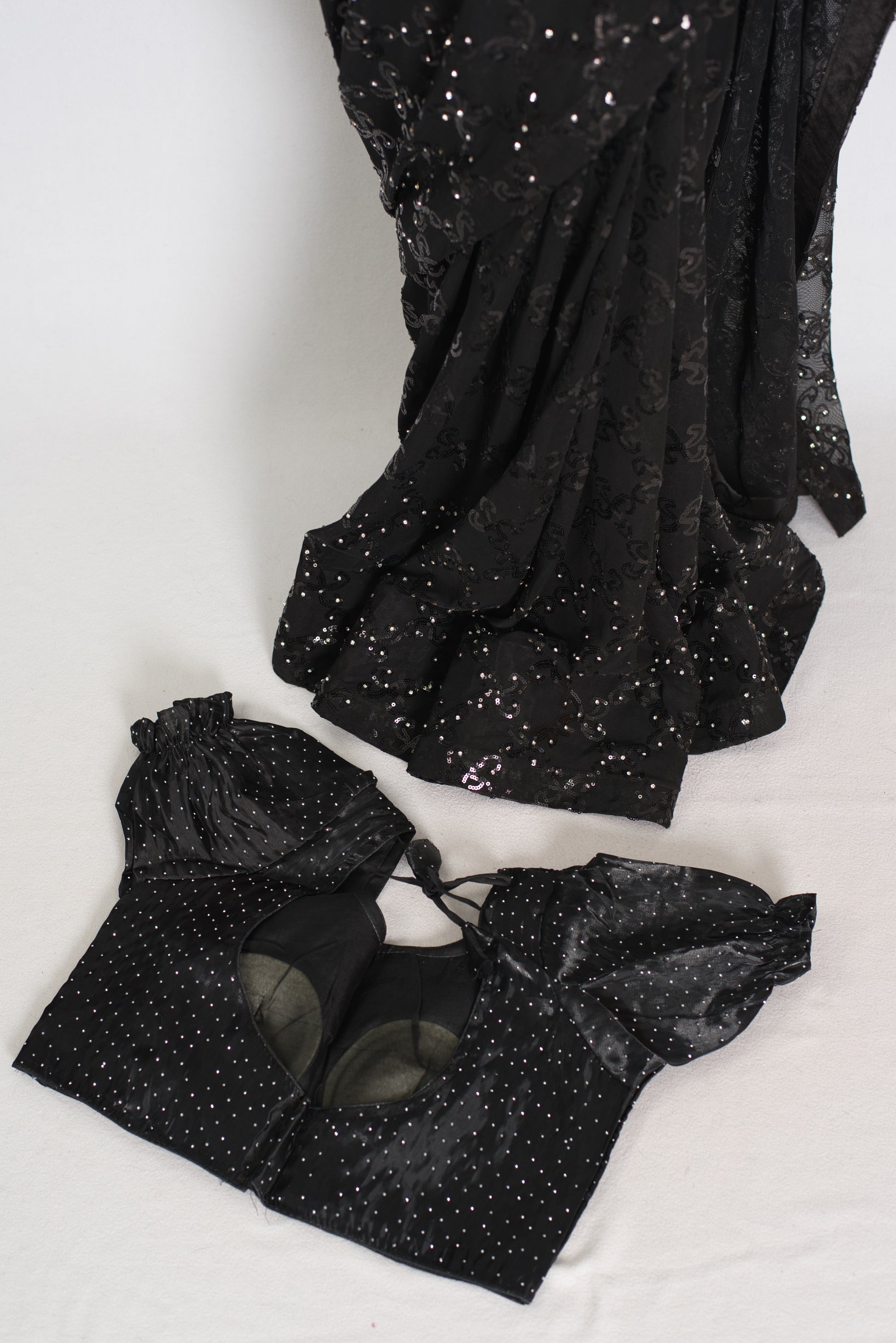 Kajaal | Black Soft Net Fitted Cocktail Saree| Sequins & Stone Embellishments image 3