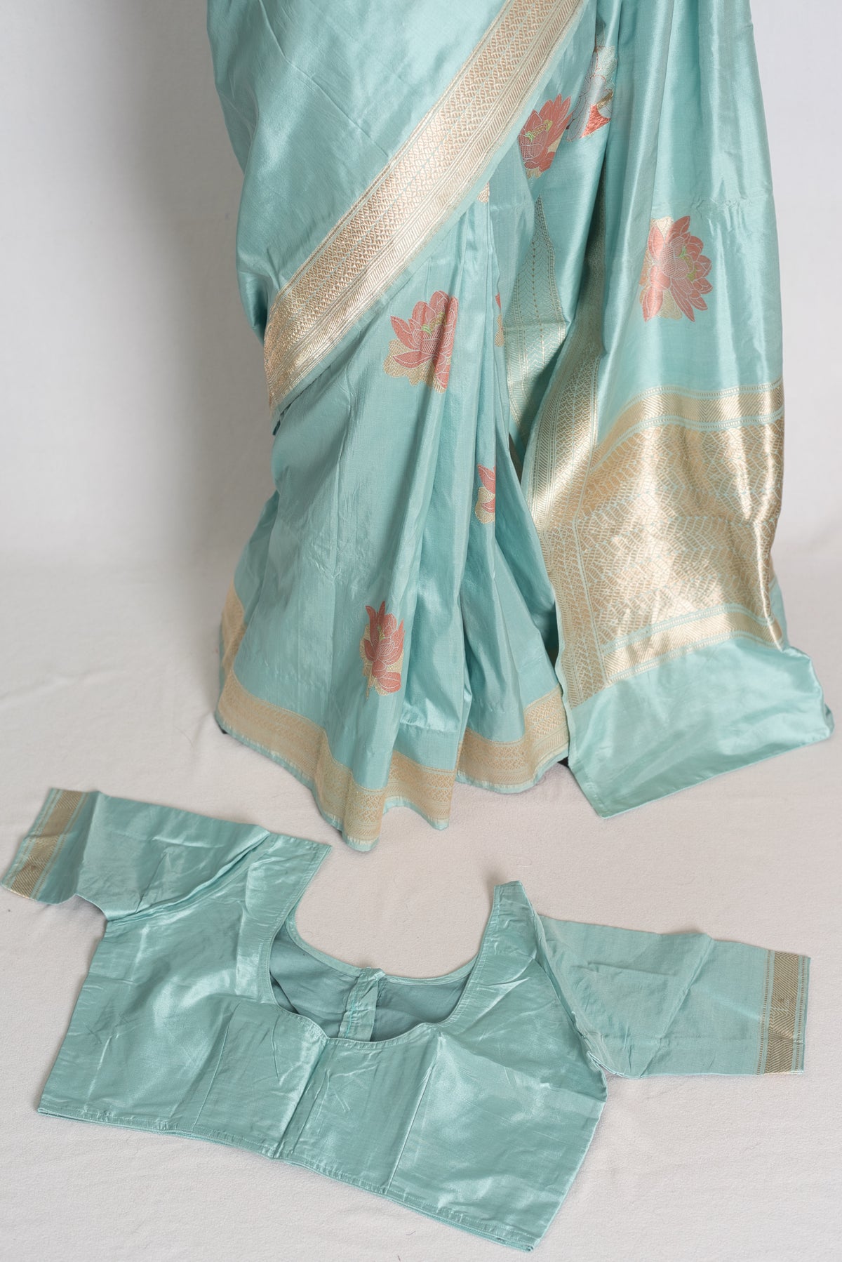 Sitara: Powder Blue Banarasi Silk Saree with 42 Stitched Blouse image 2