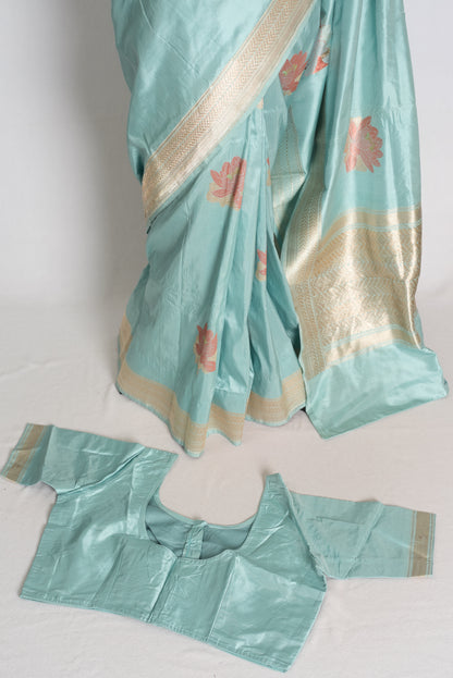 Sitara: Powder Blue Banarasi Silk Saree with 42 Stitched Blouse image 2