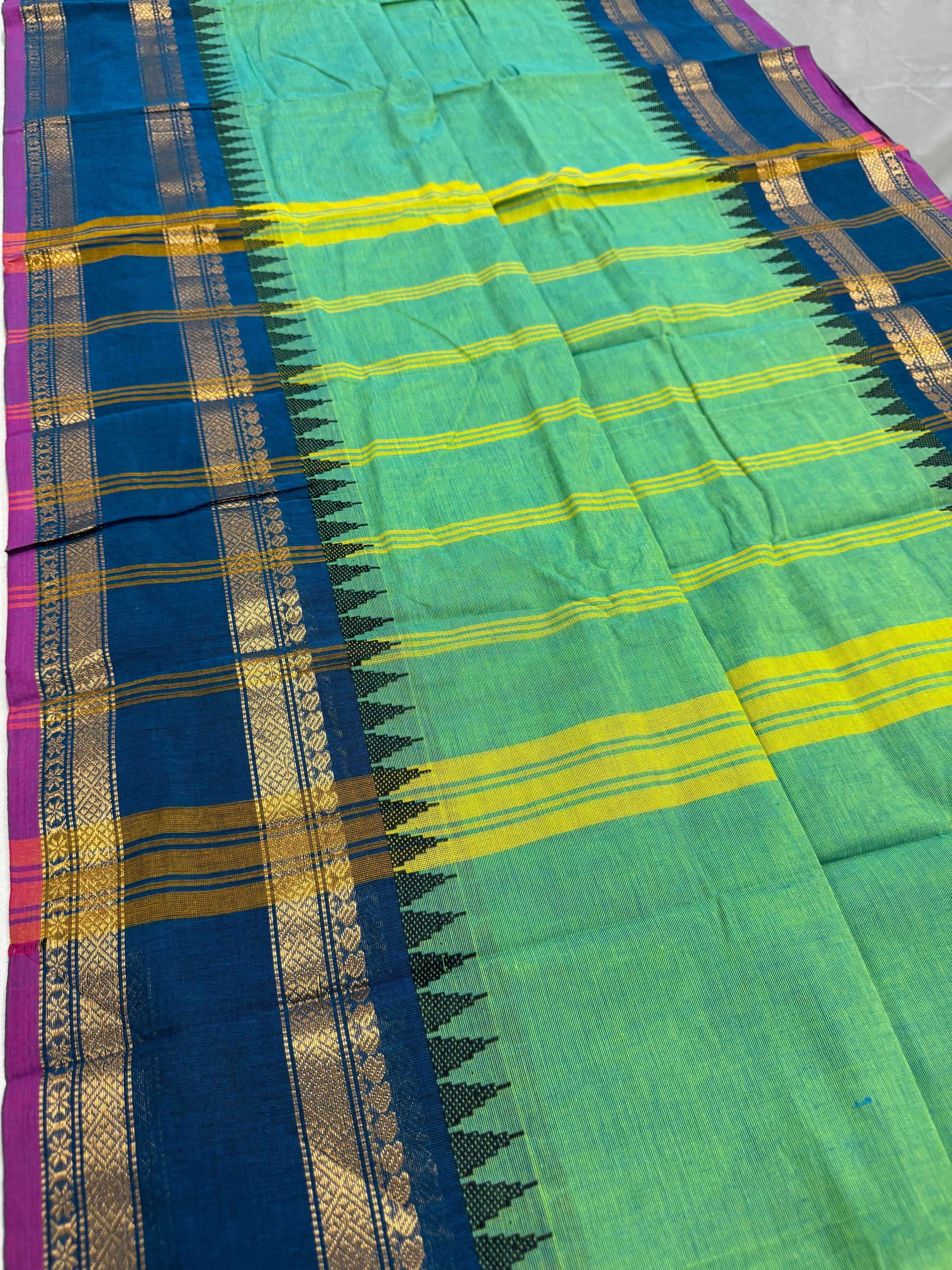 Priya : Green and Blue Kanchi Cotton Saree - Handwoven South Indian Elegance image 1