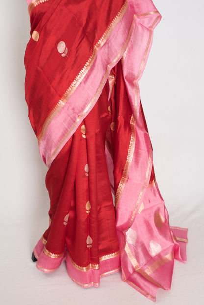 Roshni | Red & Pink Satin Katan Banarasi Silk Saree | Modern Floral Motifs image 5