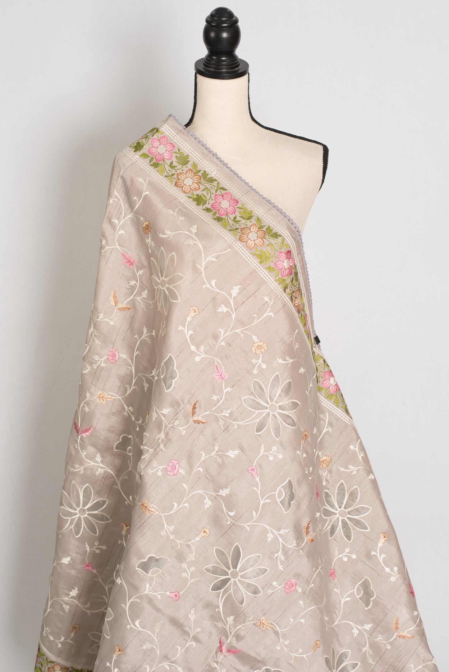 Sriti: Dove Grey Semi Tussar Silk Saree with Floral Cut Work Embroidery image 3