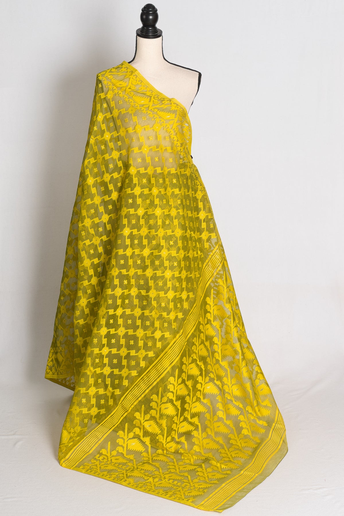 Heena Green and Yellow Jamdani saree — front view