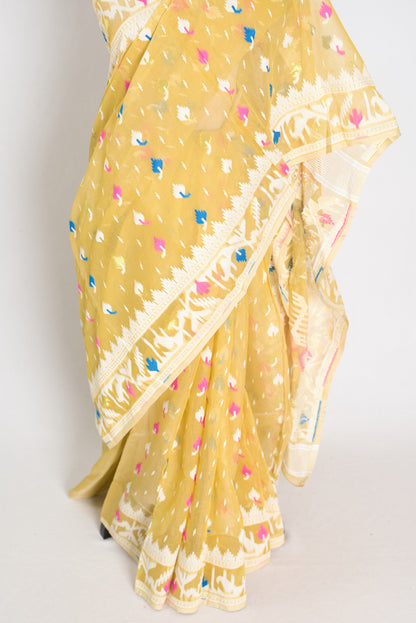 Srija : Blended Soft Cotton Jamdani Bengali Saree in Pineapple Yellow image 5