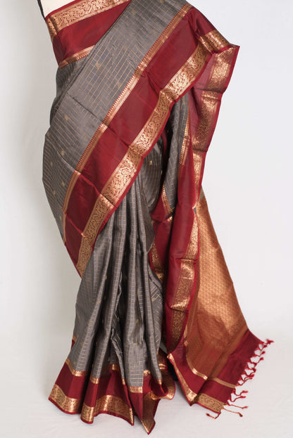 Kalyani : Gray and Maroon Checks Kanjivaram Pattu Silk Saree image 3