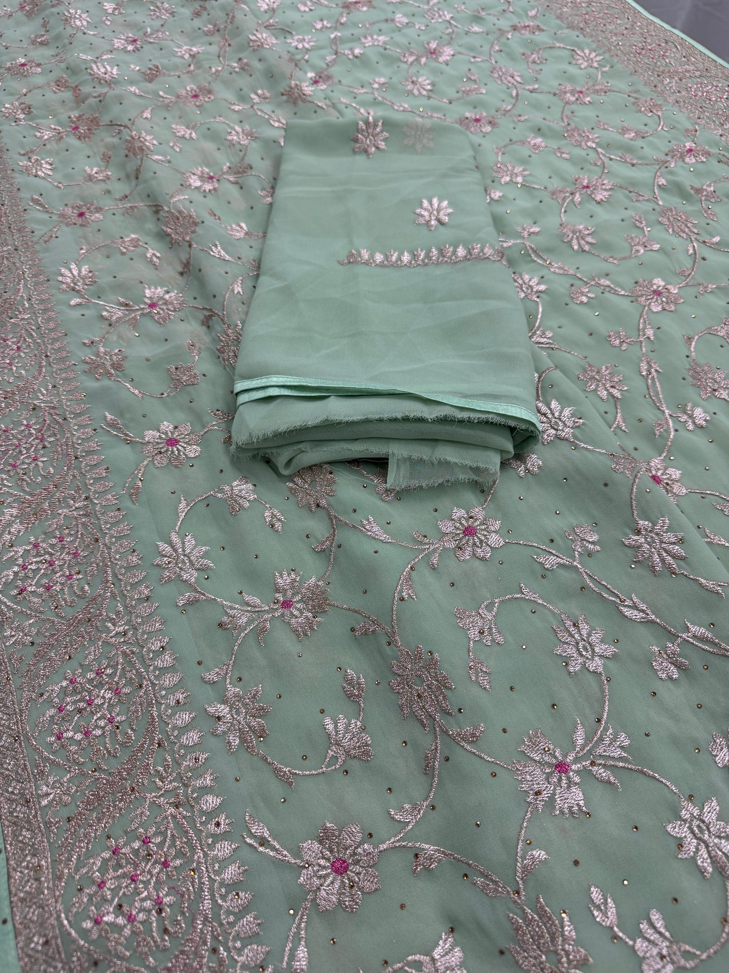 Pooja | Sea Green Georgette Partywear Saree | Elegant Machine Floral Embroidery image 3