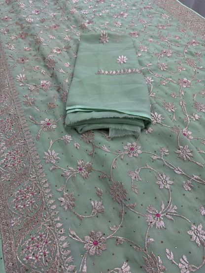 Pooja | Sea Green Georgette Partywear Saree | Elegant Machine Floral Embroidery image 3