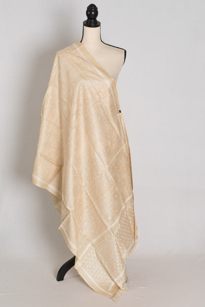 Artisanal West Bengal Beige & White Pure Gachi Tussar Silk Kantha Dupatta image 0