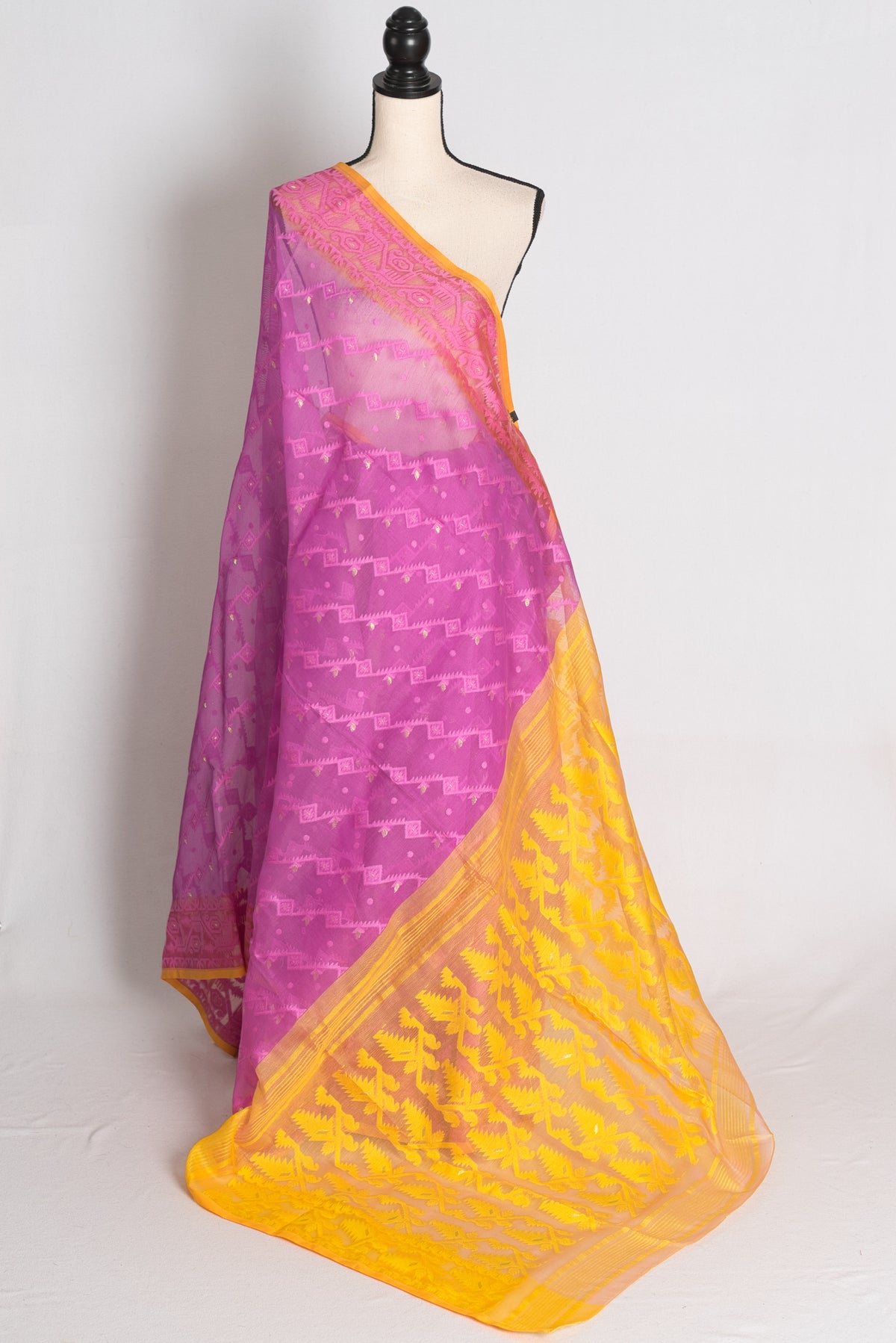 Purple and Yellow Jamdani saree — front view