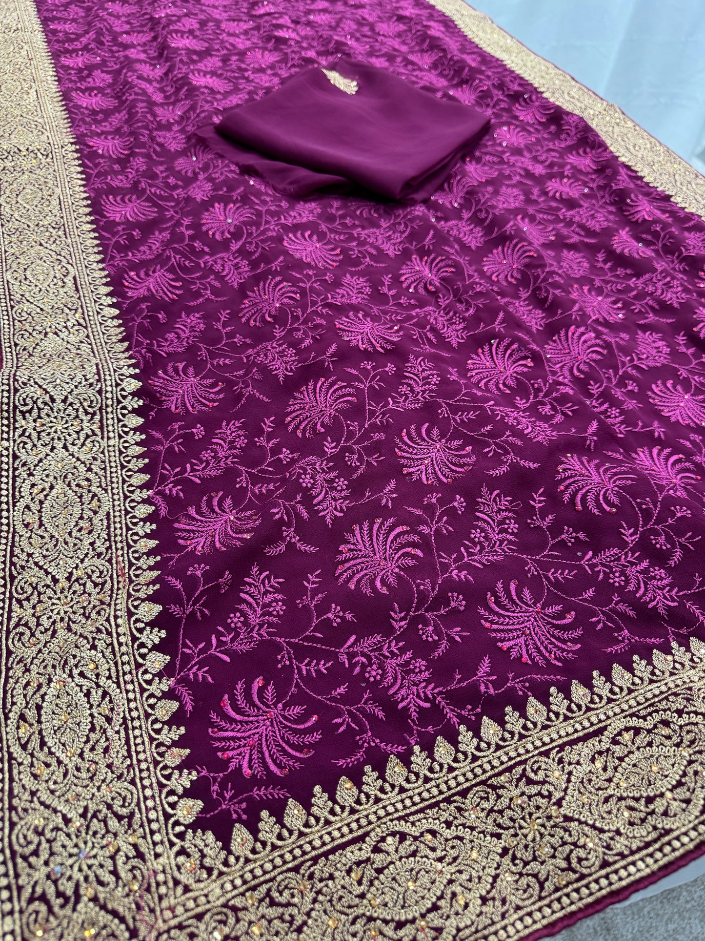 Ishq | Wine Georgette Partywear Saree | Trending Bollywood Floral Embroidery image 2