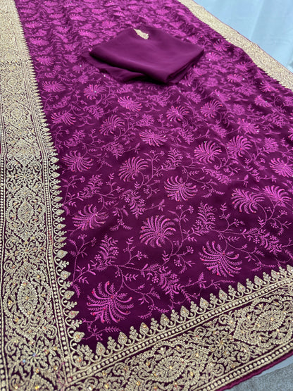 Ishq | Wine Georgette Partywear Saree | Trending Bollywood Floral Embroidery image 2