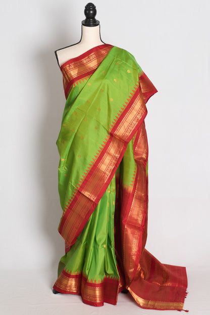 Nabanita : Parrot Green and Red Handwoven Pure Gadwal Silk Saree image 0
