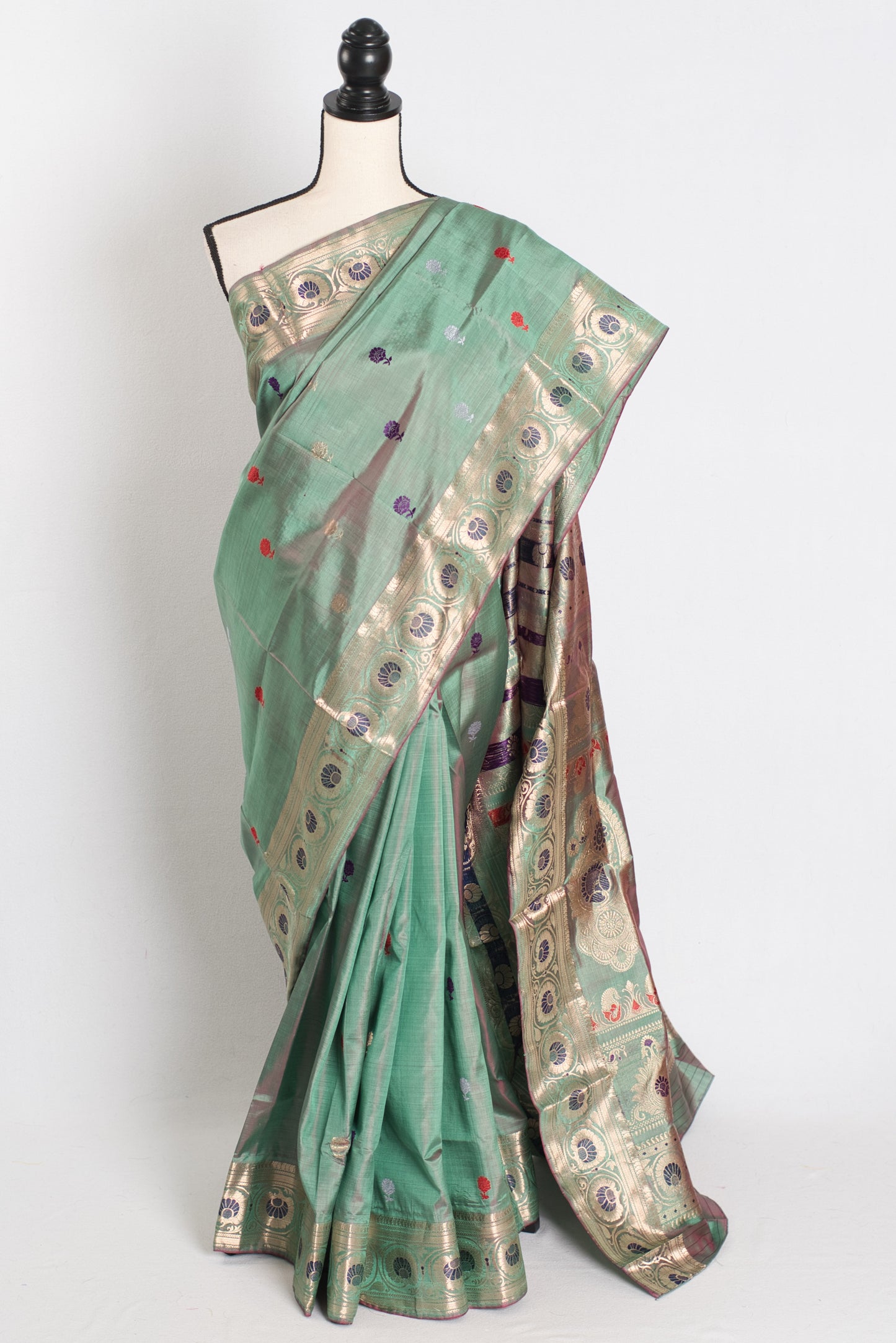 Aahiri : Heritage Revival Baluchari Silk Saree from Bengal  in English Green image 0