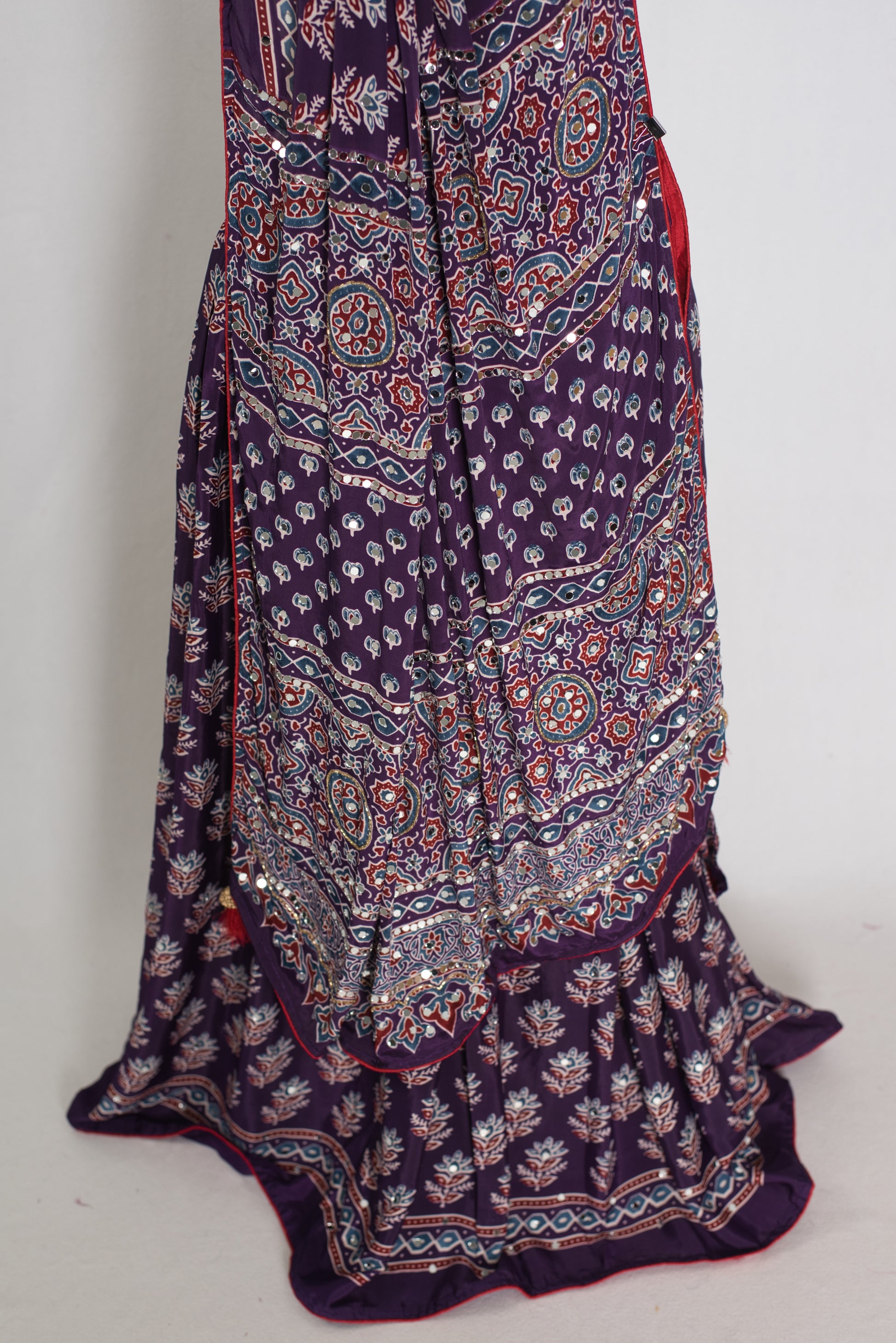 Parul | Purple Ajrakh Print Lehenga Saree with Stitched Blouse image 3