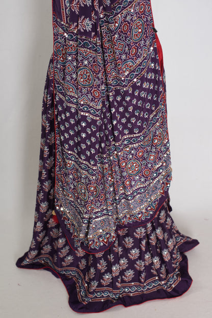 Parul | Purple Ajrakh Print Lehenga Saree with Stitched Blouse image 3