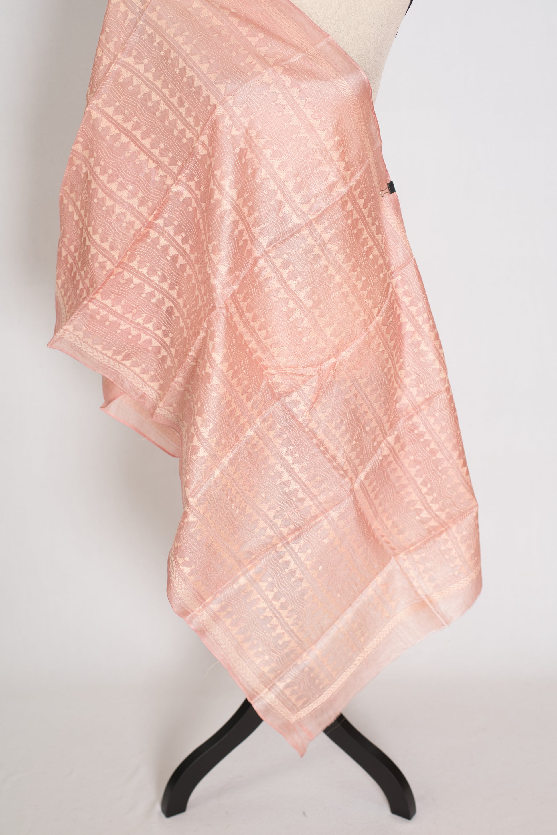 Benu : Tussar Silk Stole with Kantha Stitch – Pastel Peach Hand Embroidery image 1