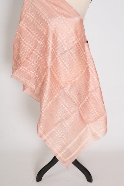 Benu : Tussar Silk Stole with Kantha Stitch – Pastel Peach Hand Embroidery image 1