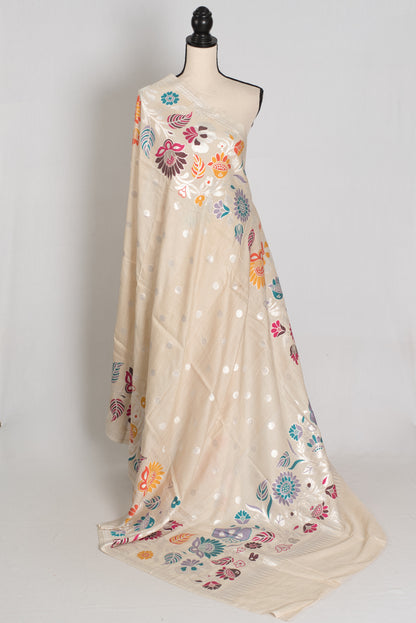 Afrin : Beige Tussar Georgette Banarasi Saree with Paithani Minakari Border image 1
